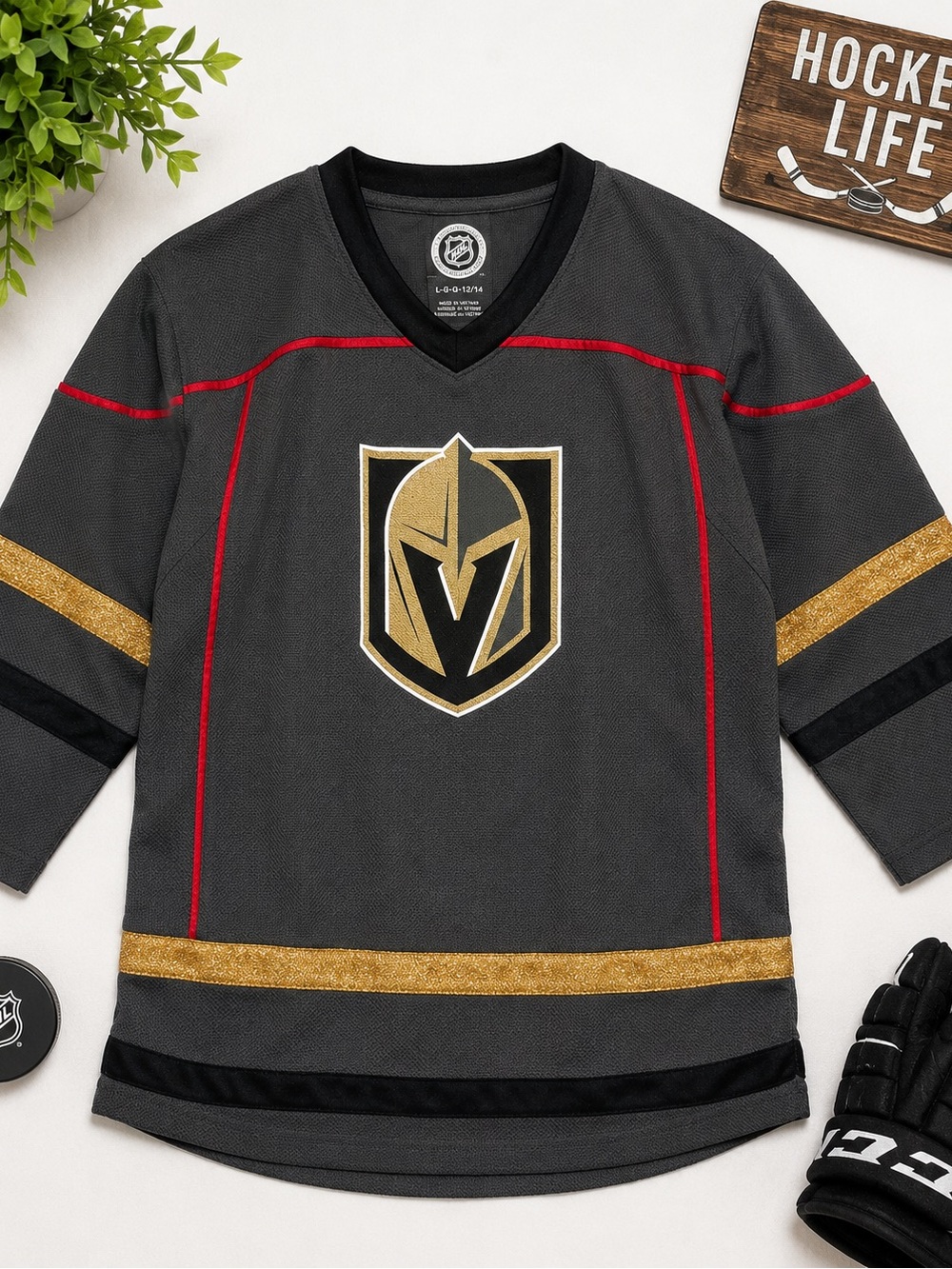 NHL Gray, Black & Red Hockey Jersey Collar Detail